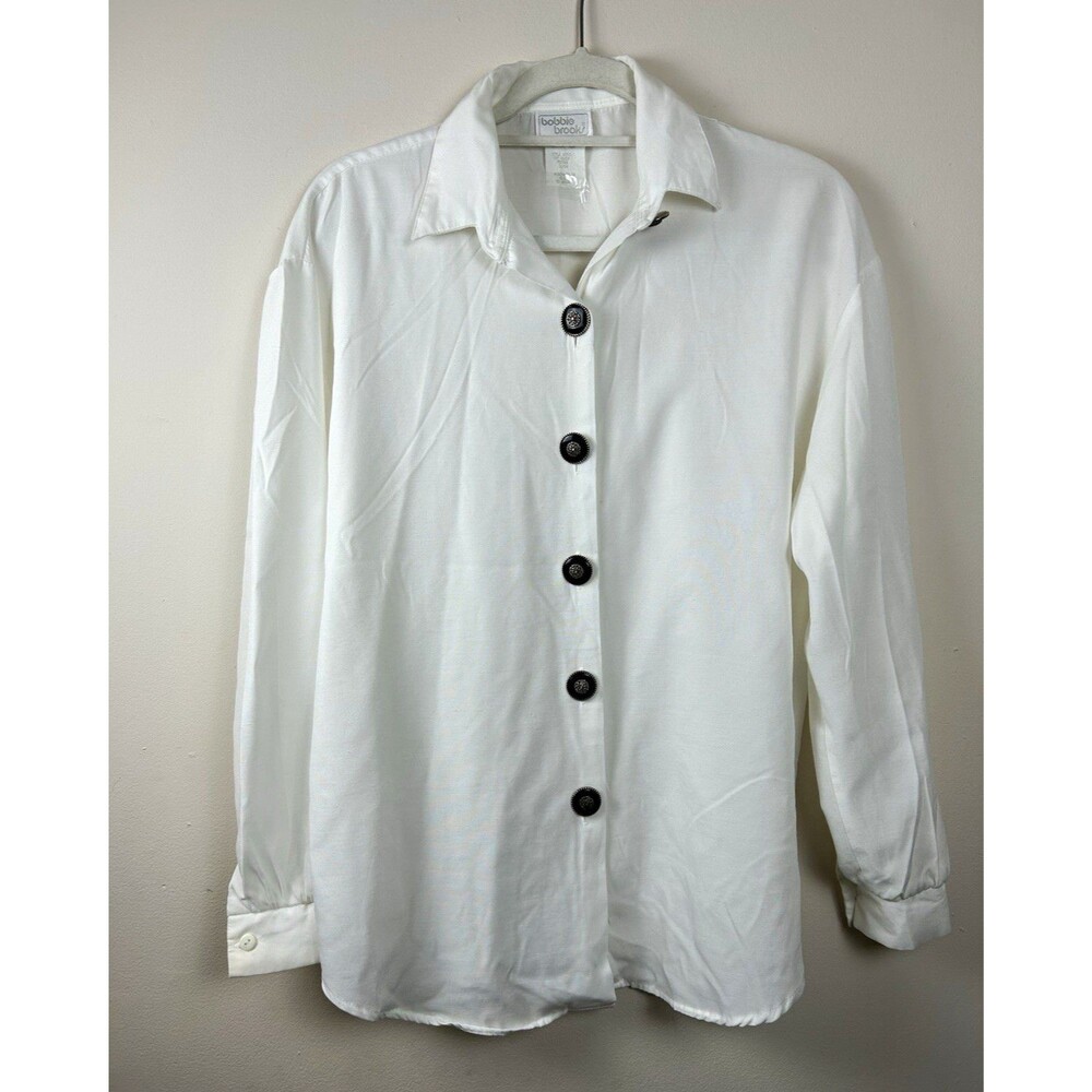 Vintage 90s Bobbie Brooks Blouse M Professional White Collared Ornate Buttons